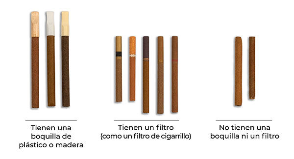 Puritos con tienen una boquilla de plastico o madera, puros con filtro tienen un filtro como un filtro de cigarillo, puritos no tienen una boquilla ni un filtro.